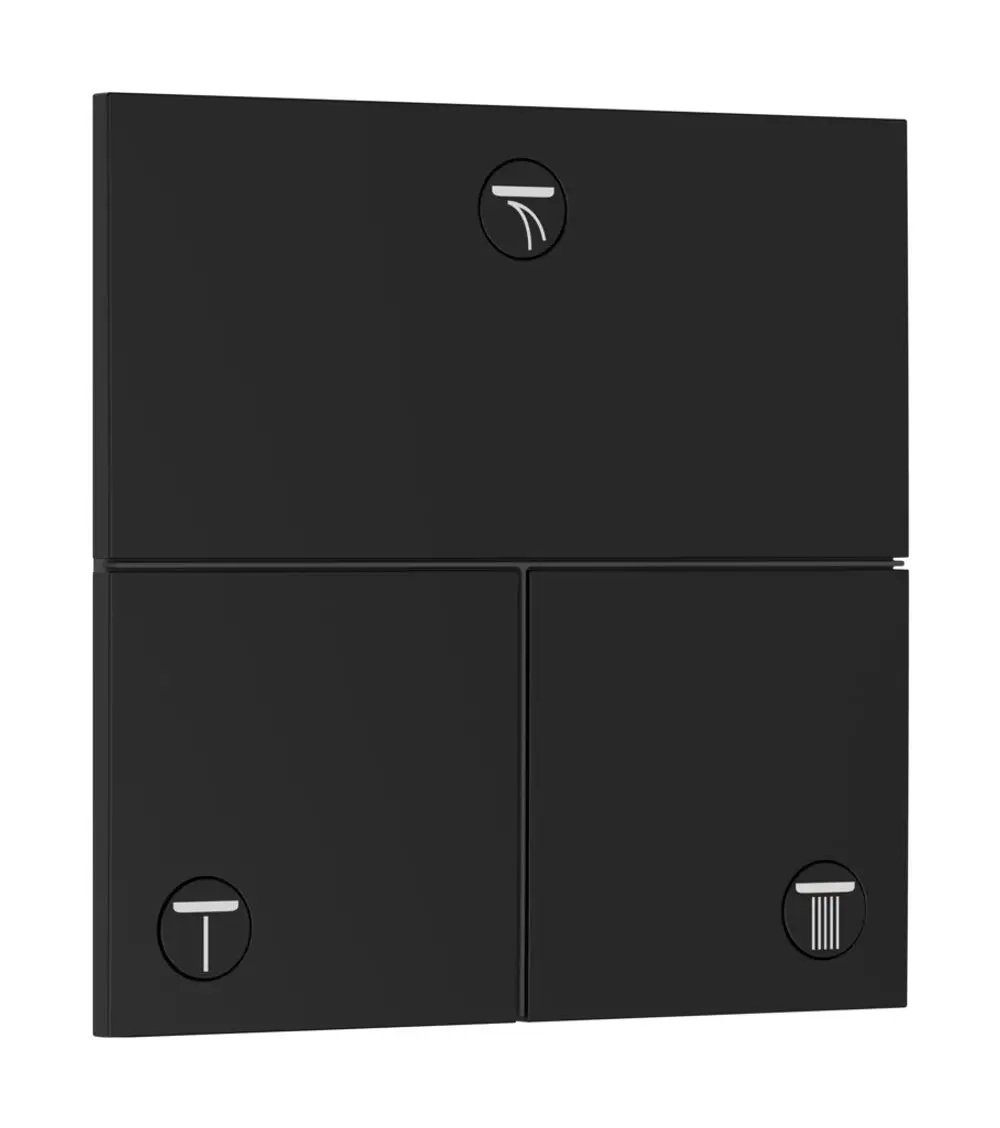 Hansgrohe Bedienpanel in mattschwarzem Design mit vier Bedienelementen für Dusch- und Badewassermanagement. Enthält Symbole für verschiedene Verbraucher.